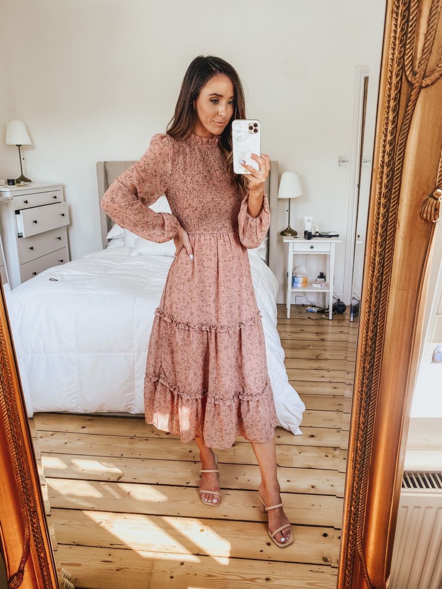 smocked midi dress with sandal heels, thanksgiving day outfit ideas