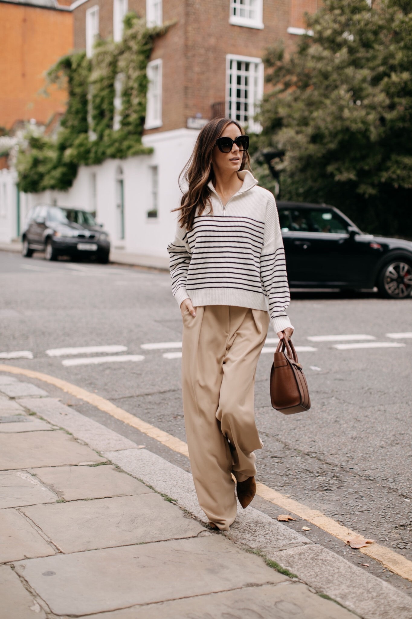wide-leg trousers with striped sweater, thanksgiving day outfits