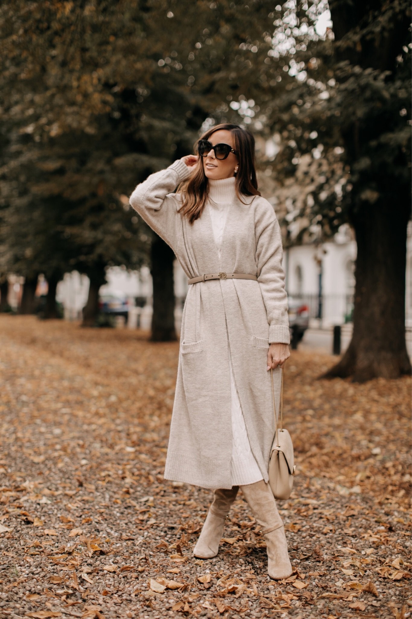 midi sweater dress with longline cardigan, thanksgiving day outfit ideas