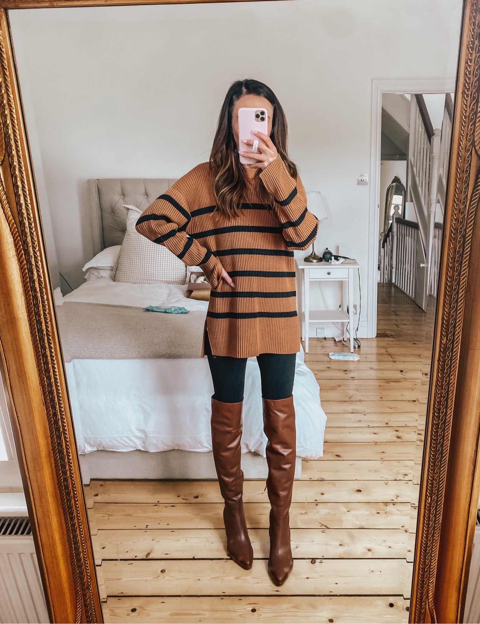 tunic striped shirt with black leggings, thanksgiving day outfit ideas