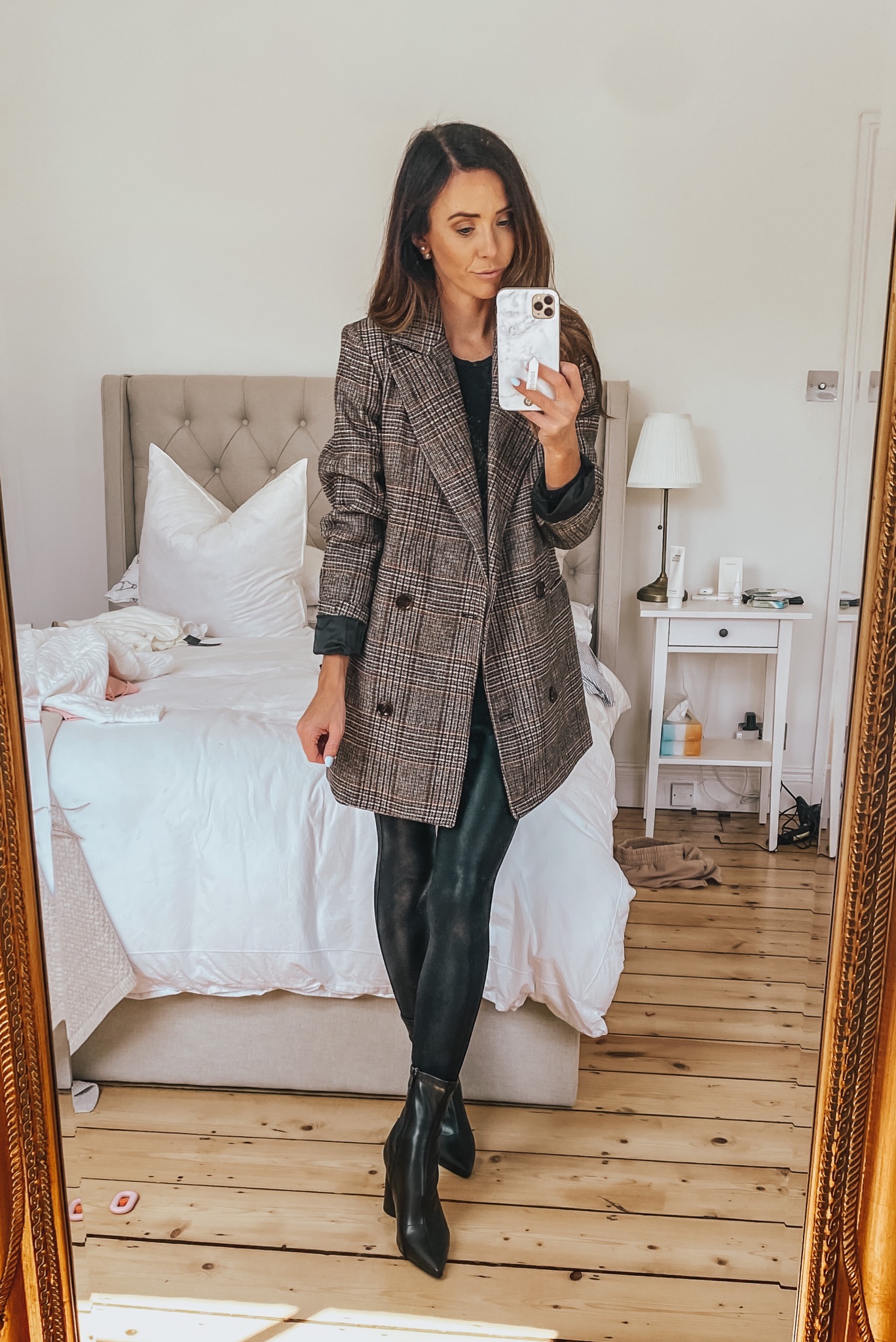 double breasted blazer with faux leather leggings, thanksgiving day outfits