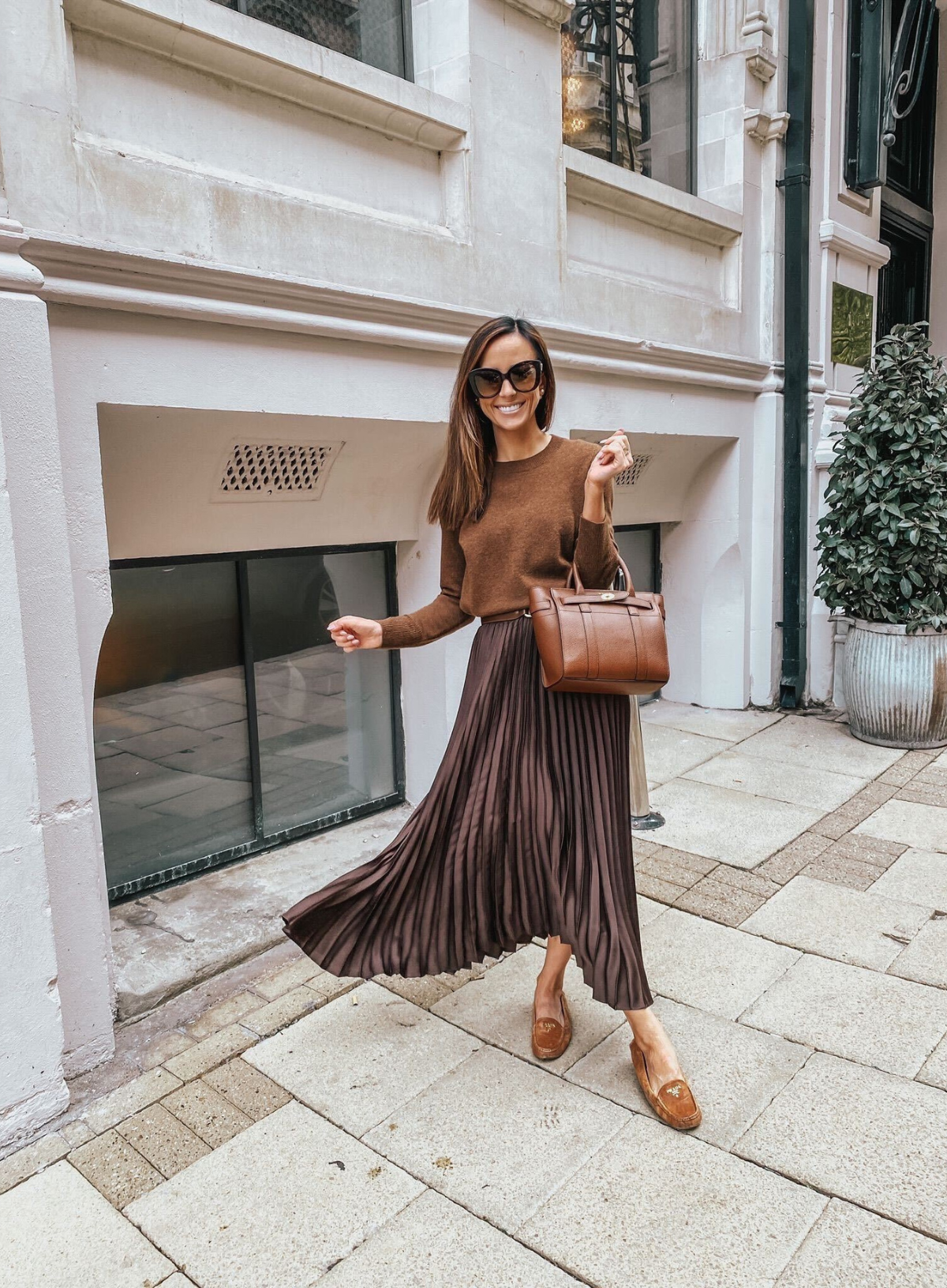 Thanksgiving day outfit dinner sweater dress Gucci mules suede leggings