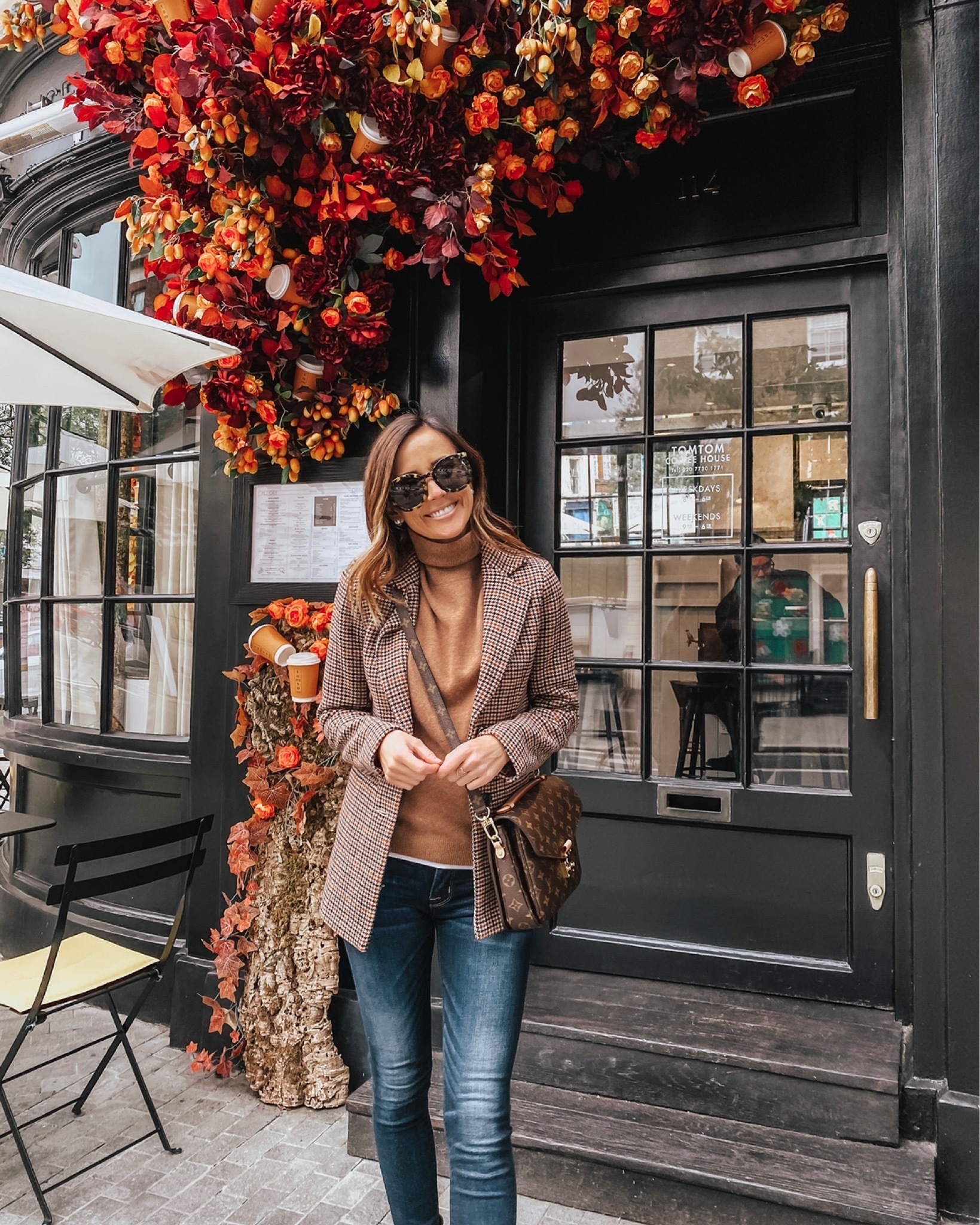 Louis Vuitton Fashion bag, scarf, brown jumper, jeans. Fall autumn