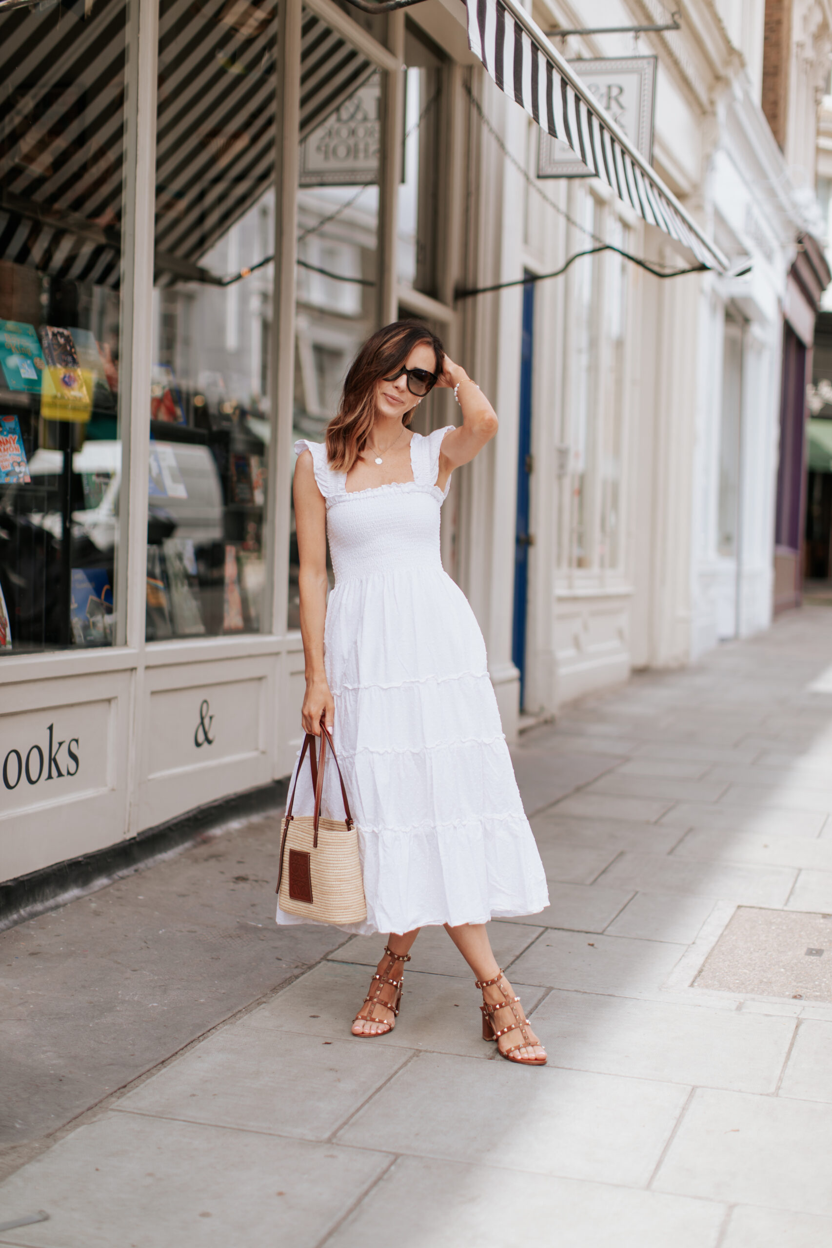 o.p.t. white midi dress valentino garavini rockstud 60 leather sandals loewe basket tote bag summer outfit london notting hill5 scaled