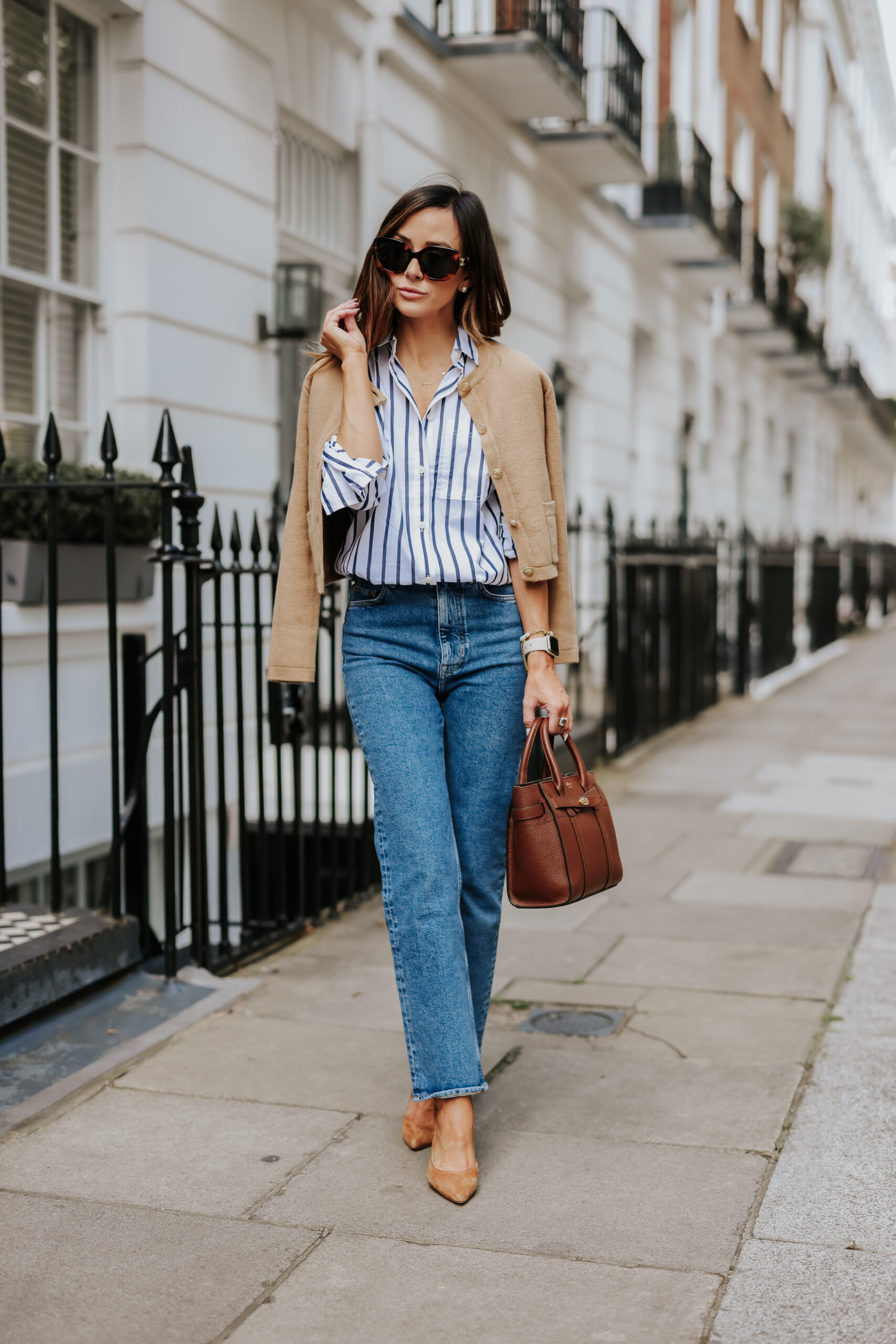 Striped Tee, denim Jacket, Black Jeans, Brown Tote and Brown heels