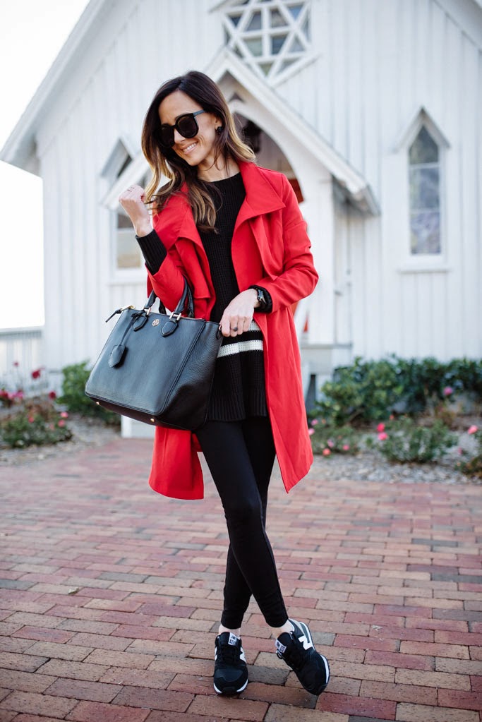fall red trench coat outfit