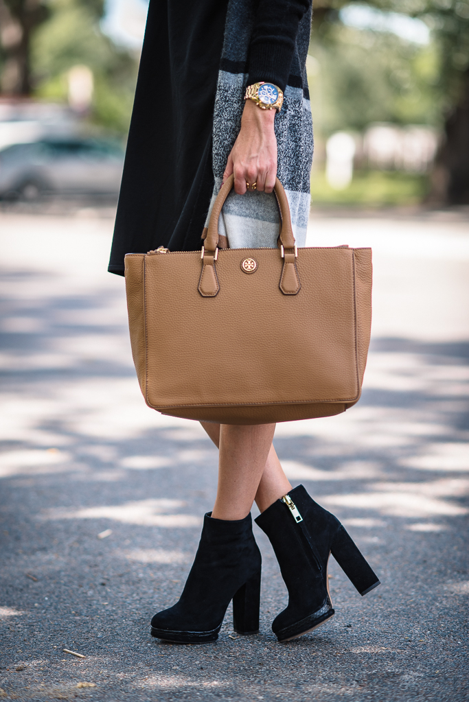 STRIPE CARDIGAN + BLACK HEEL BOOTIES | Alyson Haley